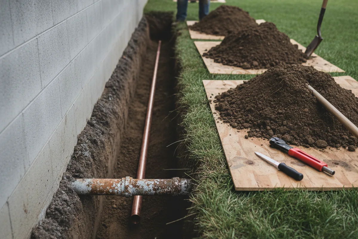 Excavated water line trench during Water Softener Installation in Dalton